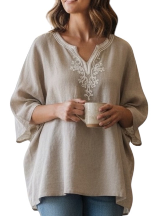 Talbots Tops - TALBOTS WOMAN 100% Linen Embroidered Beige Tunic Size 1X -- VERY CLASSY!!!